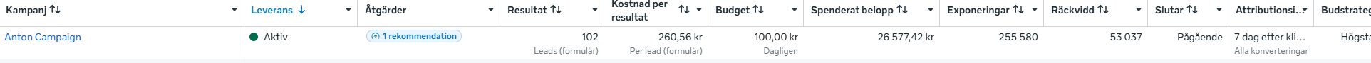 Meta Ads Manager report showing 102 leads at 260.56 SEK per lead
