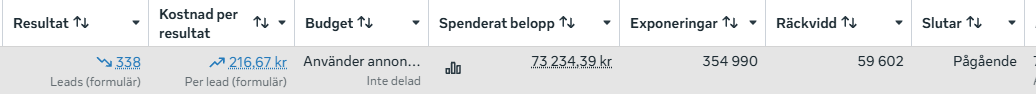 Meta Ads Manager report showing 338 leads at about 217 kr per lead